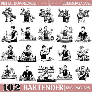 Puede incluir: Una colección de ilustraciones digitales en blanco y negro que muestran camareros y camareros esqueleto preparando cócteles con cocteleras y herramientas de bar. El texto superior dice DIGITAL DOWNLOADS COMMERCIAL USE y el inferior 102 BARTENDER SVG PNG EPS.