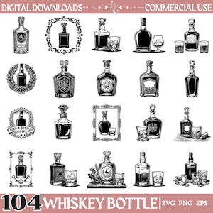 Può includere: Una collezione di illustrazioni digitali in bianco e nero con varie bottiglie di whisky, decanter e bicchieri. Alcuni disegni includono cornici ornate, stemmi ed elementi botanici. Il testo recita DIGITAL DOWNLOADS, COMMERCIAL USE e 104 WHISKEY BOTTLE SVG PNG EPS.