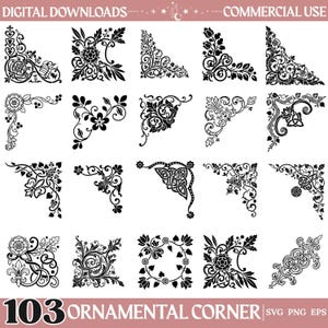 Lot de 103 fichiers SVG ornementaux d'angle, filigranes floraux, volutes celtiques (usage commercial)