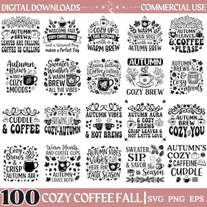 May include: A collection of twenty black and white digital graphic designs featuring autumn-themed coffee and tea motifs, including mugs, falling leaves, and seasonal typography such as Autumn Brew, Cozy Coffee Vibes, and Sweater Weather.
