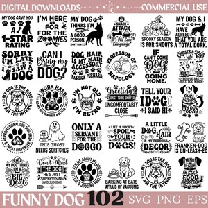 Könnte beinhalten: Eine Sammlung von dreißig schwarz-weißen digitalen Grafikdesigns mit verschiedenen Illustrationen zum Thema Hund und humorvollen Textphrasen wie My Dog Gave You A 1-Star Rating, Dog Hair Is My Main Accessory und My Dog Is The Boss.