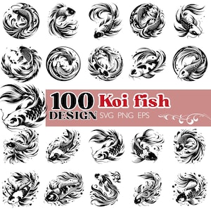 Op de afbeelding: Een verzameling zwart-wit koi-visontwerpen. De afbeelding bevat verschillende illustraties van koi-vissen in verschillende poses, sommige in cirkelvormige frames. Tekst luidt "100 Koi fish DESIGN SVG PNG EPS".