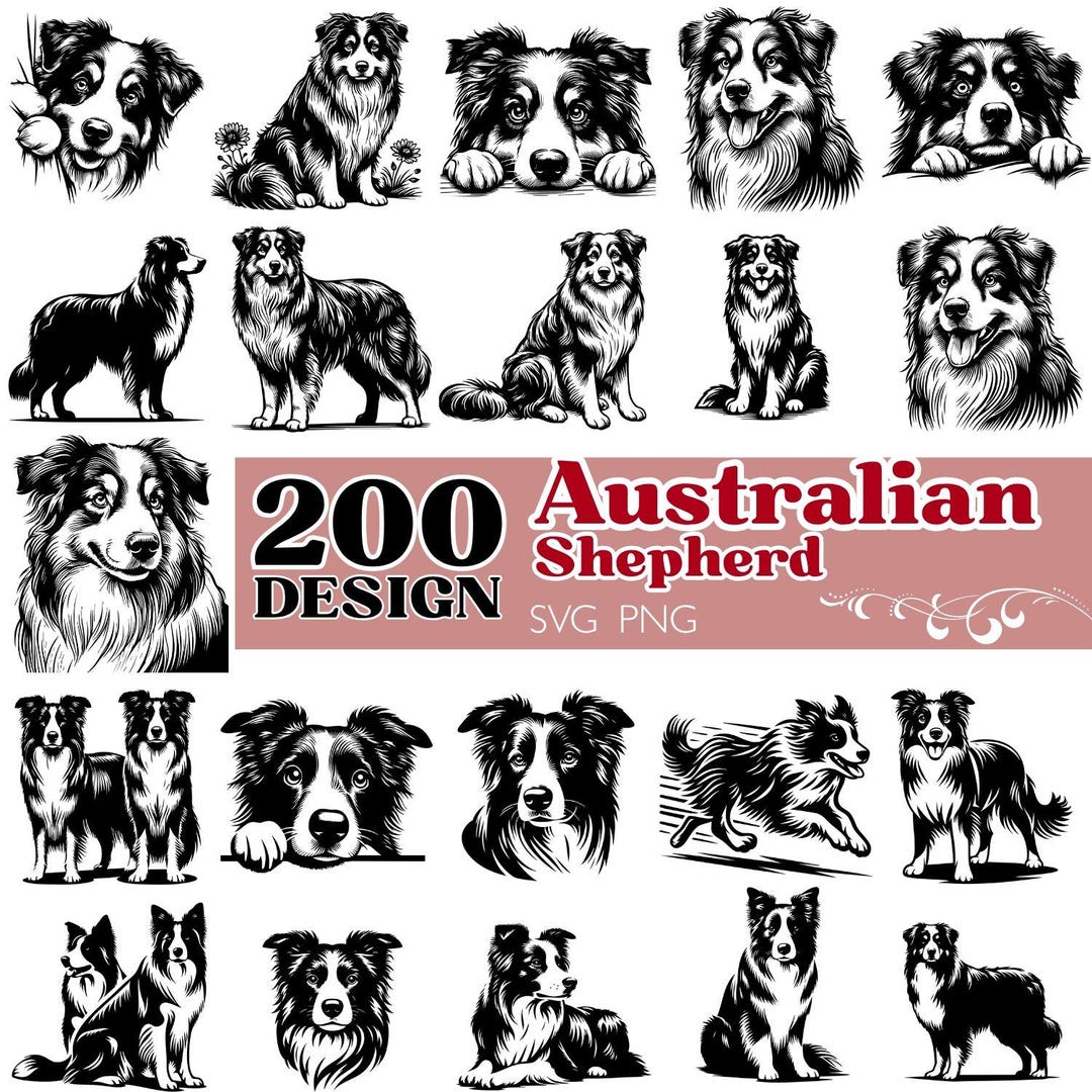 Australian Shepherd SVG Bundle, Aussie Dog Clipart PNG, Black White Dog ...