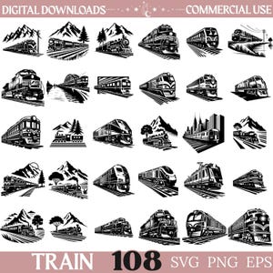 May include: A collection of 30 black and white digital illustrations featuring various trains, locomotives, and railway scenes set against mountains, cityscapes, and natural landscapes, labeled as DIGITAL DOWNLOADS and COMMERCIAL USE.