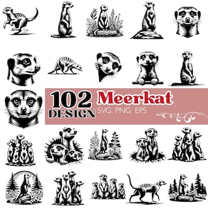 Könnte beinhalten: Eine Sammlung von 102 Erdmännchen-Designs in Schwarz und Weiß. Die Illustrationen zeigen Erdmännchen in verschiedenen Posen, darunter stehend, laufend und in Gruppen interagierend. Der Text "102 Meerkat Design SVG PNG EPS" ist in Rot und Schwarz dargestellt.