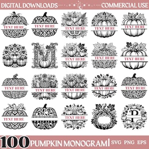 Puede incluir: Una colección de 100 diseños digitales de monogramas de calabaza en blanco y negro con varias ilustraciones de calabazas, follaje y diseños divididos con el texto "TEXT HERE" para personalización, etiquetados como archivos SVG, PNG y EPS.