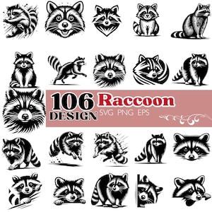 Könnte beinhalten: Eine Sammlung von 16 schwarz-weißen Waschbär-Designs in verschiedenen Posen und Stilen. Das Bild enthält den Text "106 Raccoon Design SVG PNG EPS". Die Waschbären werden in verschiedenen Haltungen dargestellt, darunter sitzen, rennen und spähen.