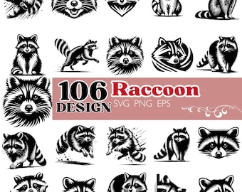 Paquete de imágenes SVG de mapaches: 106 diseños de imágenes prediseñadas de animales salvajes en blanco y negro (svg, png, eps)
