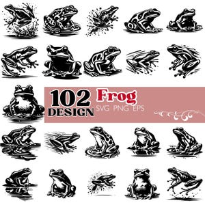 May include: A collection of 20 black and white frog designs in various poses. The image includes the text "102 Frog Design SVG PNG EPS" in red and black, indicating digital design files.