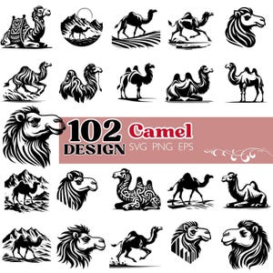 Puede incluir: Una colección de 102 diseños de camellos en blanco y negro. Los diseños incluyen siluetas de camellos en varias poses, de pie, sentados y caminando. También se incluye el texto "102 Camel Design SVG PNG EPS".