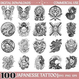 Könnte beinhalten: Eine Sammlung von 100 schwarz-weißen digitalen Illustrationen mit japanischen Tattoo-Motiven, darunter Drachen, Oni-Masken, Samurai und Wellen. Der Text lautet DIGITAL DOWNLOADS, COMMERCIAL USE und 100 JAPANESE TATTOO SVG PNG EPS.