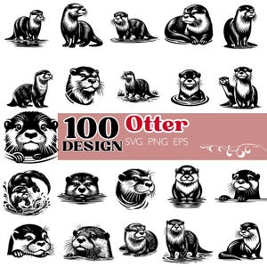 以下が含まれることがあります： 白黒の100匹のカワウソのデザインコレクション。カワウソは、泳いだり、立ったり、休んだりするなど、さまざまなポーズで描かれています。「100 Otter Design SVG PNG EPS」というテキストも含まれています。