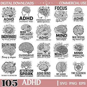 Op de afbeelding: Een collectie van twintig zwart-wit digitale grafische ontwerpen met gestileerde hersenillustraties en tekst gerelateerd aan ADHD, inclusief zinnen zoals ADHD organized chaos, Divergent Mind, Hyperfocus en Time Blindness is real.