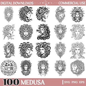 Puede incluir: Una colección de ilustraciones digitales en blanco y negro con varias representaciones de Medusa con serpientes por cabello, junto a un gráfico circular con dos gnomos y el texto FROM OUR GNOME TO YOURS HAPPY HARVEST. Incluye 100 MEDUSA SVG PNG EPS.