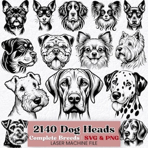 Op de afbeelding: Zwart-wit illustraties van hondenkoppen, met verschillende rassen. De afbeelding bevat een verscheidenheid aan hondenrassen, zoals een Dalmatische hond, een Bulldog en een Beagle. De tekst onderaan luidt "2140 Dog Heads Complete Breeds SVG & PNG LASER MACHINE FILE."