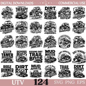 May include: A collection of thirty black and white digital graphic designs featuring UTV off-road vehicles, mud, and various adventure-themed text slogans like Throttle Therapy, Dirt Rebel, and Trail Queen, arranged in a grid for commercial use.