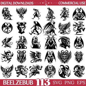 Może przedstawiać: Kolekcja 113 czarno-białych ilustracji cyfrowych przedstawiających różne wizerunki demonów, diabłów i rogacizny ze skrzydłami, ogonami i ostrymi rysami. Tekst na górze brzmi DIGITAL DOWNLOADS i COMMERCIAL USE, a na dole BEELZEBUB 113 SVG PNG EPS.