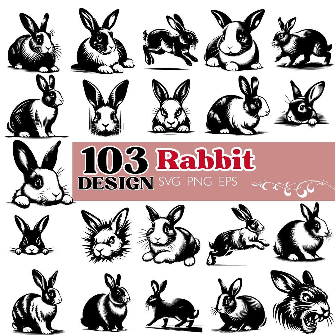 103 Vintage Rabbit Designs SVG Bundle: Black White Engraving Style ...