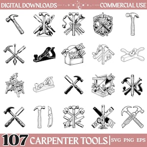 Könnte beinhalten: Eine Sammlung von schwarz-weißen digitalen Illustrationen mit verschiedenen Tischlerwerkzeugen wie Hämmern, Sägen, Meißeln, Hobeln und Maßbändern, angeordnet in Sets und Einzelicons mit dem Text 107 CARPENTER TOOLS SVG PNG EPS.