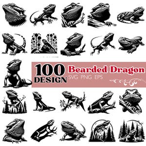 Può includere: Una collezione di 20 disegni di draghi barbuti in bianco e nero in varie pose. L'immagine include il testo "100 Bearded Dragon Design SVG PNG EPS". I disegni sono adatti per progetti di arte digitale.