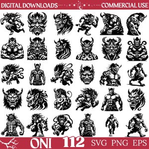 May include: A collection of 112 black and white digital illustrations featuring various Oni demon figures in dynamic poses and detailed facial expressions. The graphic set includes masks, full-body warriors, and crouching creatures for commercial use.