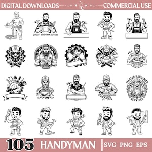 May include: A collection of 105 black and white digital illustrations featuring various handymen, tools, and gear. The designs include characters with beards, caps, and work clothing, alongside wrenches, hammers, and gears, with text labels like Quality Handyman Services.