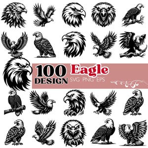 Può includere: Una collezione di disegni di aquile in bianco e nero in varie pose, tra cui ritratti di teste, aquile in volo e aquile appollaiate sui rami. Il testo "100 Eagle Design" è visualizzato in rosso.