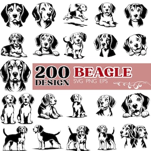 Pacchetto di 200 disegni di cani Beagle in formato SVG: clipart di cuccioli, file di taglio PNG ed EPS