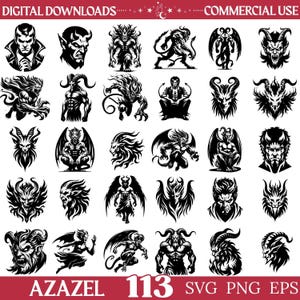 Könnte beinhalten: Eine Sammlung von 113 schwarz-weißen digitalen Illustrationen mit verschiedenen dämonischen Figuren, gehörnten Kreaturen und geflügelten Monstern. Das Grafikset enthält diverse Posen und Gesichtsausdrücke, beschriftet mit dem Text AZAZEL 113 SVG PNG EPS.