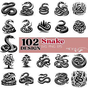 Könnte beinhalten: Eine Sammlung von 102 Schlangen-Designs in Schwarz und Weiß. Die Designs umfassen verschiedene Schlangenposen, einige gerollt, einige aufrecht und einige mit dekorativen Elementen. Der Text "102 Snake Design" ist ebenfalls enthalten.