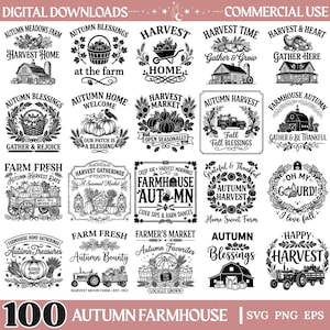 May include: A collection of twenty black and white digital graphic designs featuring autumn and farmhouse themes. Each design includes typography and illustrations of pumpkins, barns, tractors, harvest baskets, and foliage, labeled for commercial use.