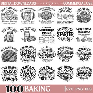May include: A collection of twenty black and white digital graphic designs featuring sourdough baking themes. Each circular or rectangular emblem includes illustrations of bread loaves, jars, and wheat, accompanied by text such as Wild Yeast Bakery, Sourdough Rising, and Crust We Trust.