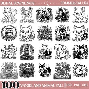 Op de afbeelding: Een verzameling van 100 zwart-wit digitale illustraties met bosdieren zoals vossen, eekhoorns, uilen, herten en dassen in herfstachtige omgevingen. De tekst luidt DIGITAL DOWNLOADS, COMMERCIAL USE en 100 WOODLAND ANIMAL FALL SVG PNG EPS.