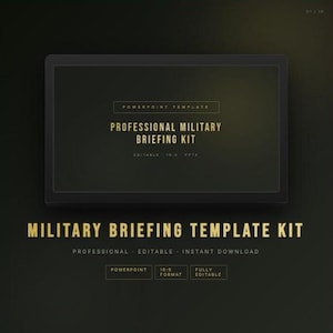 May include: A digital graphic design for a military briefing kit. The design features the text "PROFESSIONAL MILITARY BRIEFING KIT" and "MILITARY BRIEFING TEMPLATE KIT" in gold lettering on a dark green background. The design also includes the words "POWERPOINT", "EDITABLE", and "INSTANT DOWNLOAD".