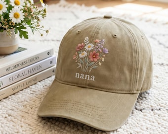Custom Embroidered Nana Floral Hat Cap, Nana Floral Hat, Nana Cap , Personalized Gift for Nana Grandma, Nana Gifts, Mothers Day Gifts