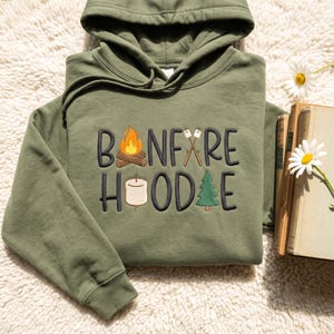 Embroidered Bonfire Hoodie, Camping Sweatshirt, Cotton Polyester Blend