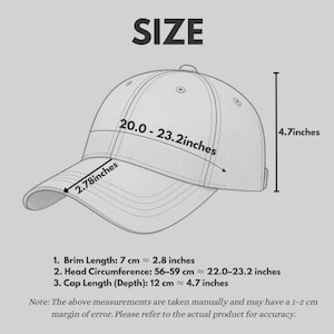 May include: A line drawing of a baseball cap with the text SIZE at the top. The diagram displays measurements including a brim length of 2.78 inches, a head circumference of 20.0-23.2 inches, and a cap depth of 4.7 inches with additional notes.