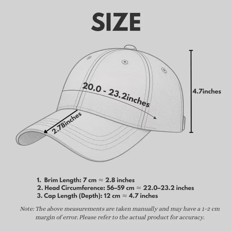 May include: A line drawing of a baseball cap with the text SIZE at the top. The diagram displays measurements including a brim length of 2.78 inches, a head circumference of 20.0-23.2 inches, and a cap depth of 4.7 inches with additional notes.