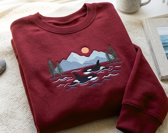 Embroidered Two Orcas Sweatshirt, Killer Whale Marine Lover Jumper, Pacific Northwest Mountain Wildlife Hoodie