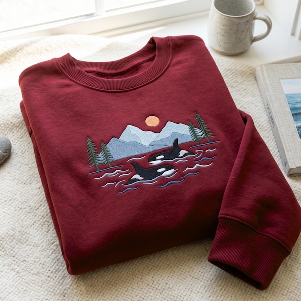 Embroidered Two Orcas Sweatshirt, Killer Whale Marine Lover Jumper, Pacific Northwest Mountain Wildlife Hoodie