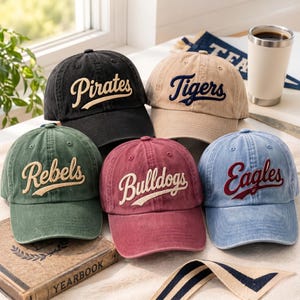 Puede incluir: Cinco gorras de béisbol en negro, beige, verde, granate y azul claro. Cada gorra presenta un texto bordado en cursiva en la parte frontal: Pirates, Tigers, Rebels, Bulldogs y Eagles. Las gorras tienen una corona estructurada.