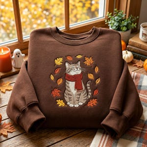 Puede incluir: Una sudadera marrón de cuello redondo con un diseño bordado de un gato atigrado gris con una bufanda roja, rodeado por un patrón circular de coloridas hojas de otoño en tonos amarillos, naranjas y rojos en la parte delantera.