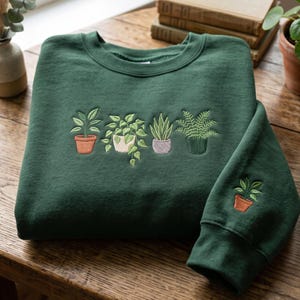 Bluza z haftem z rośliną doniczkową, ikony roślin doniczkowych, bluza z okrągłym dekoltem dla miłośników roślin, prezent ogrodowy