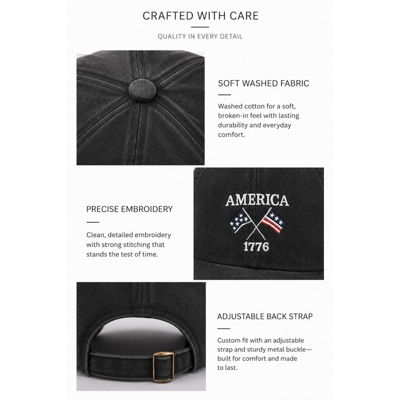 May include: A black washed cotton baseball cap featuring the embroidered text AMERICA 1776 above two crossed American flags. The cap includes a top button, detailed stitching, and an adjustable back strap with a sturdy metal buckle for a custom fit.
