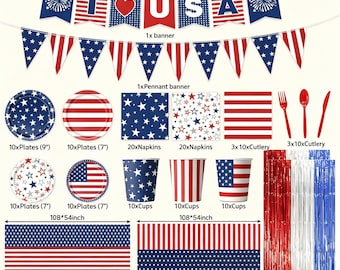 Premium Patriotic Decor Bundle – 72 Pieces Including Paper Plates, Cups, Napkins, Red Cutlery, and Dual Banner Sets for Large Gatherings