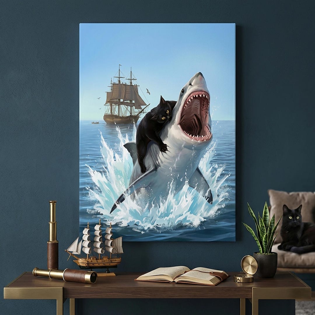 Black Cat Riding Shark Canvas Print, Surreal Ocean Nautical Art Poster ...