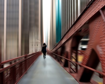 Monroe Bridge with Woman Crossing, Urban Art, HighRise Buildings, Archival Architecture Print, Abstract, Cityscape, Chicago, City Landscape