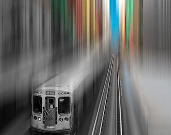 Train Fine Art Print, Chicago L, Cityscape, Leaving Oz, Urban Art, HighRise Buildings, Architecture, The El, City Landscape, Color, B&W