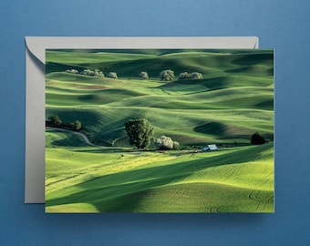 Green Rolling Hills, Barn Nature Greeting Card with Blank Inside, Farmland Landscape Notecard with Envelope, Photo Art Greeting Note Card