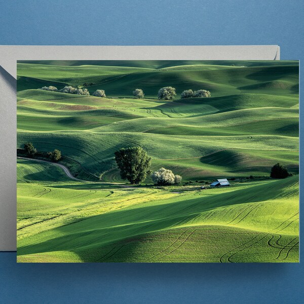 Green Rolling Hills, Barn Nature Greeting Card with Blank Inside, Farmland Landscape Notecard with Envelope, Photo Art Greeting Note Card